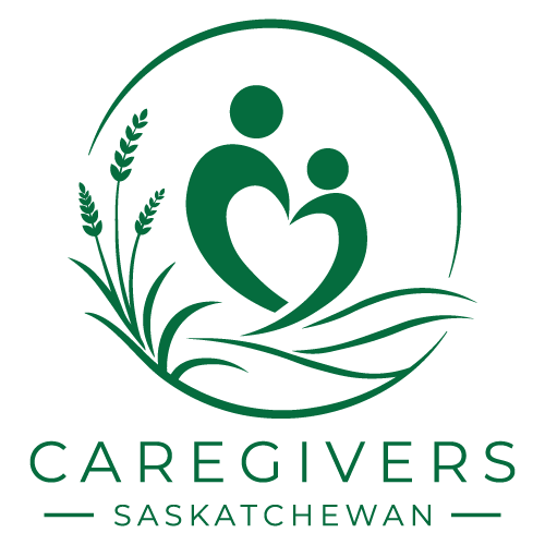 The Caregivers Saskatchewan logo features two stylized figures forming a heart, symbolizing compassion, support, and connection. Framed by prairie wheat, rolling hills, and a circular emblem, the design reflects Saskatchewan's landscape while representing the organization's mission to provide education, advocacy, resources, and community support for family caregivers across the province.